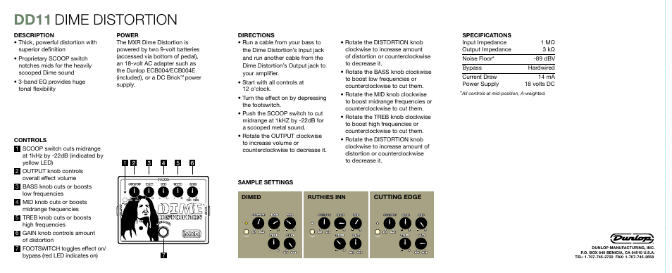 Dd11, Dime distortion | Dunlop Manufacturing DD11 User Manual | Page 2 / 2