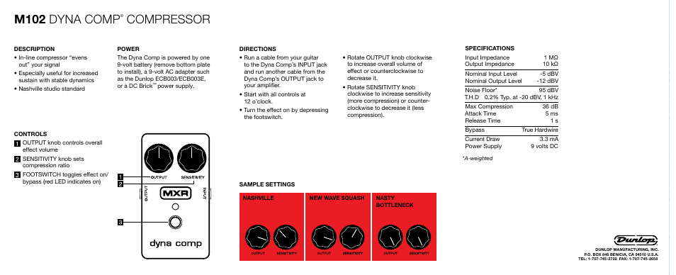 M102 dyna comp, Compressor | Dunlop Manufacturing M102 User Manual | Page 2 / 2