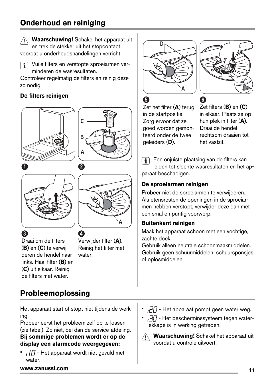 Onderhoud en reiniging, Probleemoplossing | Zanussi ZDT 16011 FA User Manual | Page 11 / 72