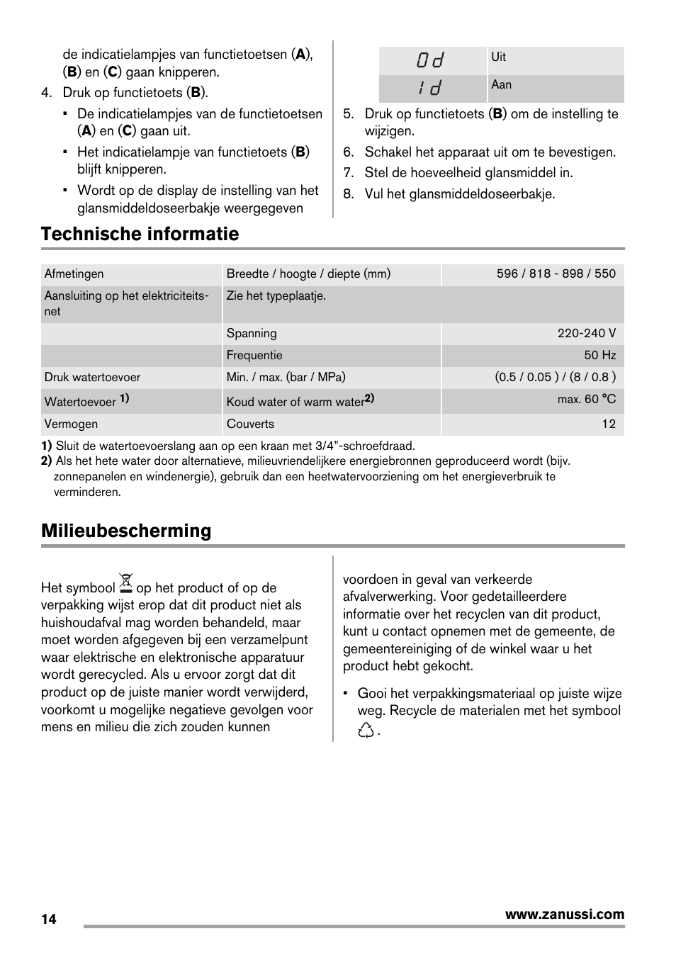 Technische informatie, Milieubescherming | Zanussi ZDT 16011 FA User Manual | Page 14 / 72