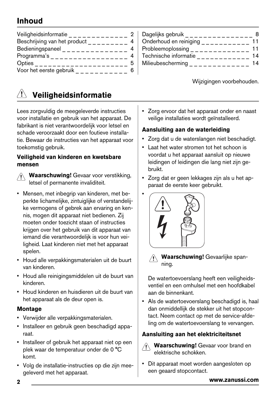 Inhoud, Veiligheidsinformatie | Zanussi ZDT 16011 FA User Manual | Page 2 / 72