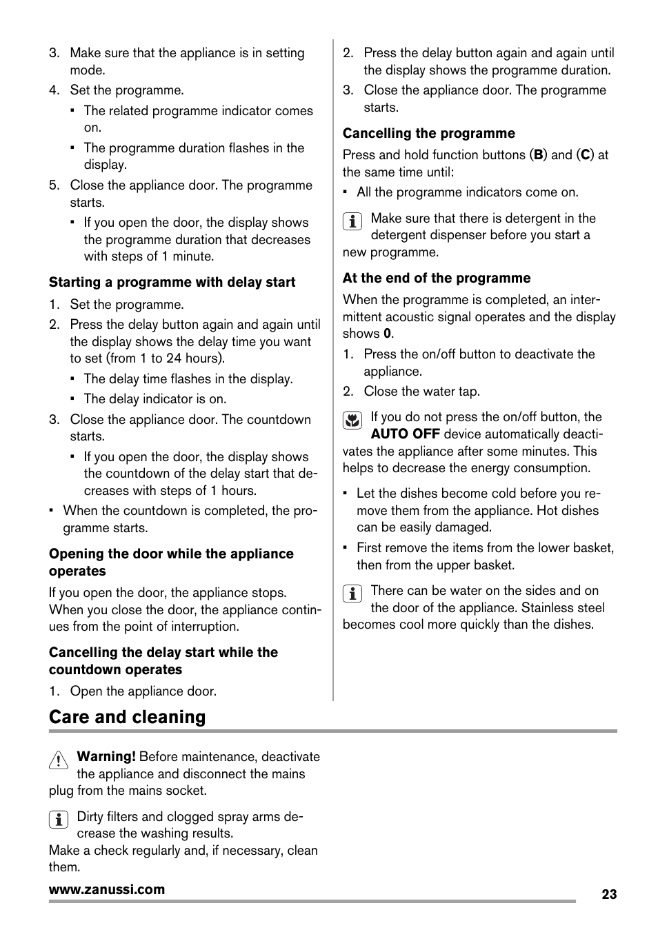 Care and cleaning | Zanussi ZDT 16011 FA User Manual | Page 23 / 72