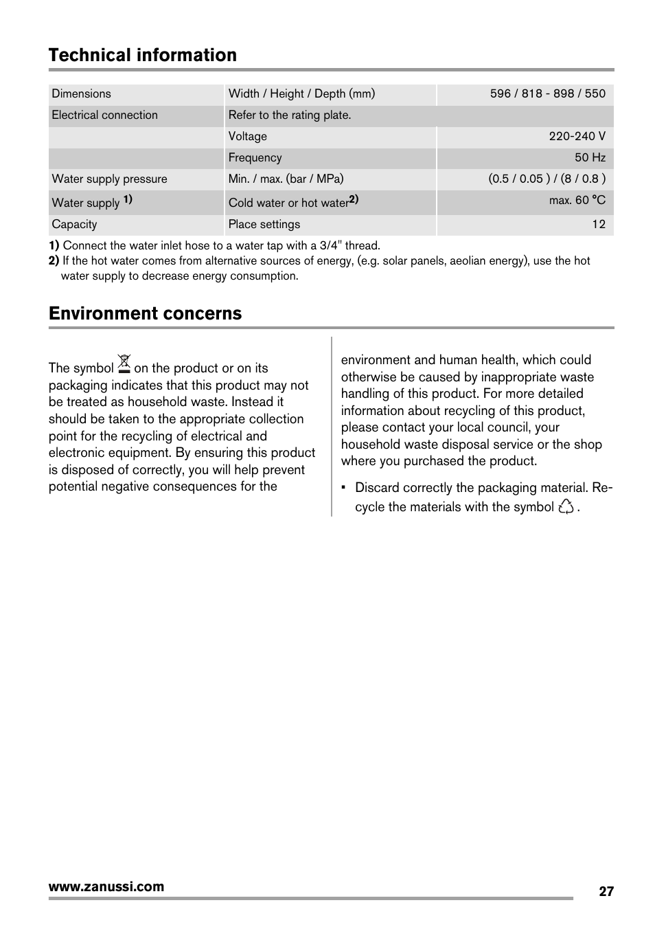 Technical information, Environment concerns | Zanussi ZDT 16011 FA User Manual | Page 27 / 72