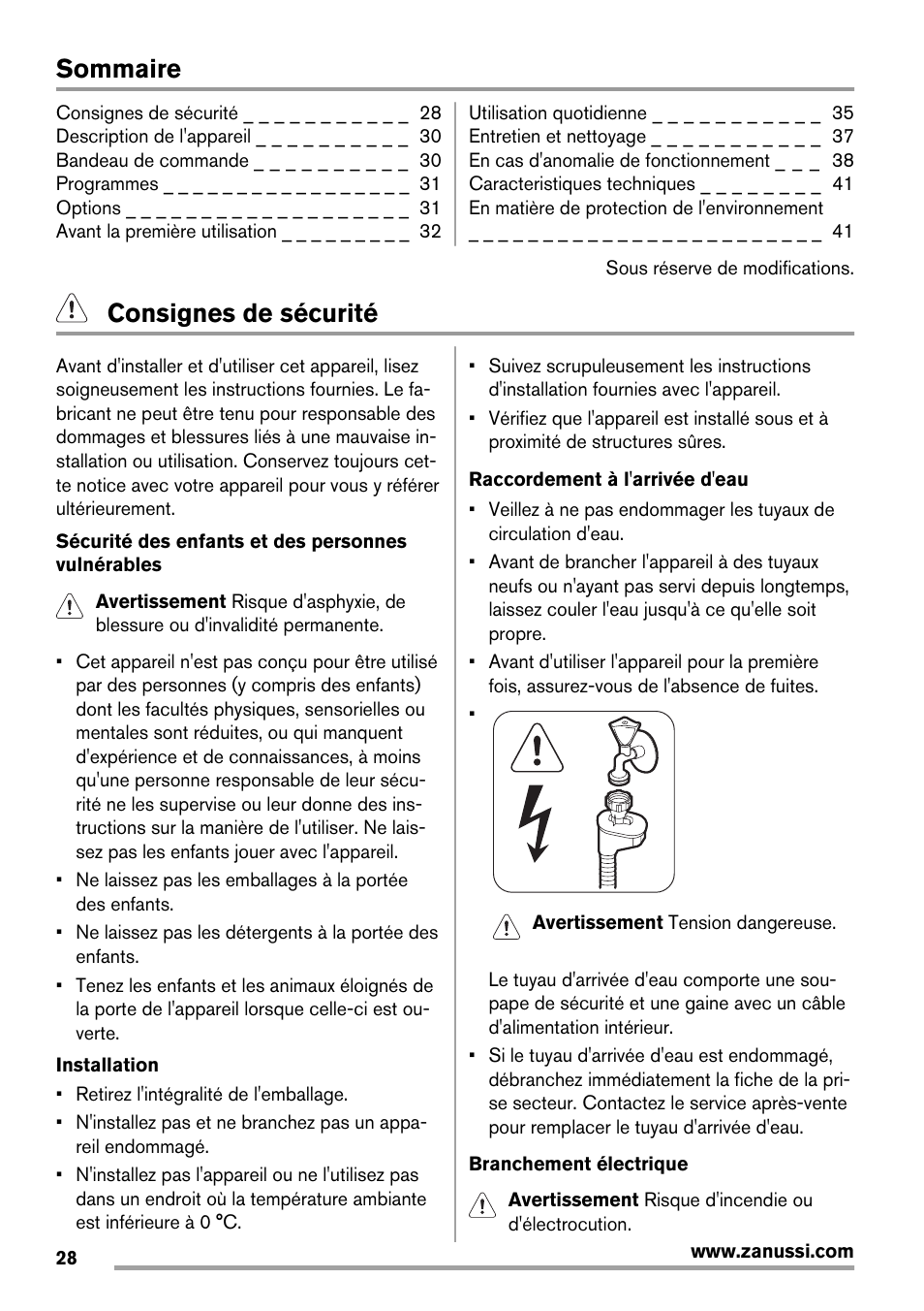 Sommaire, Consignes de sécurité | Zanussi ZDT 16011 FA User Manual | Page 28 / 72