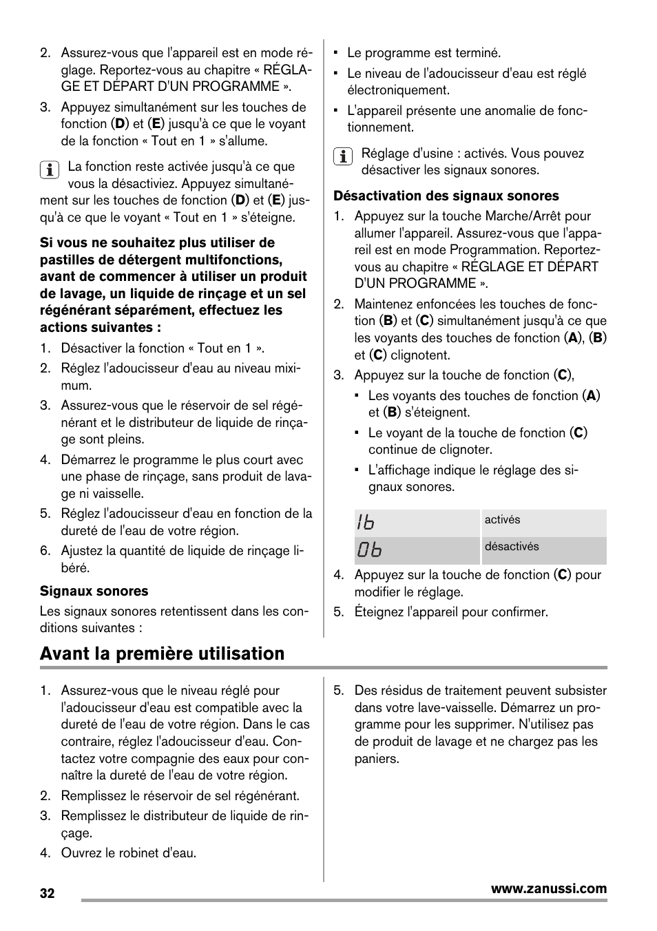 Avant la première utilisation | Zanussi ZDT 16011 FA User Manual | Page 32 / 72