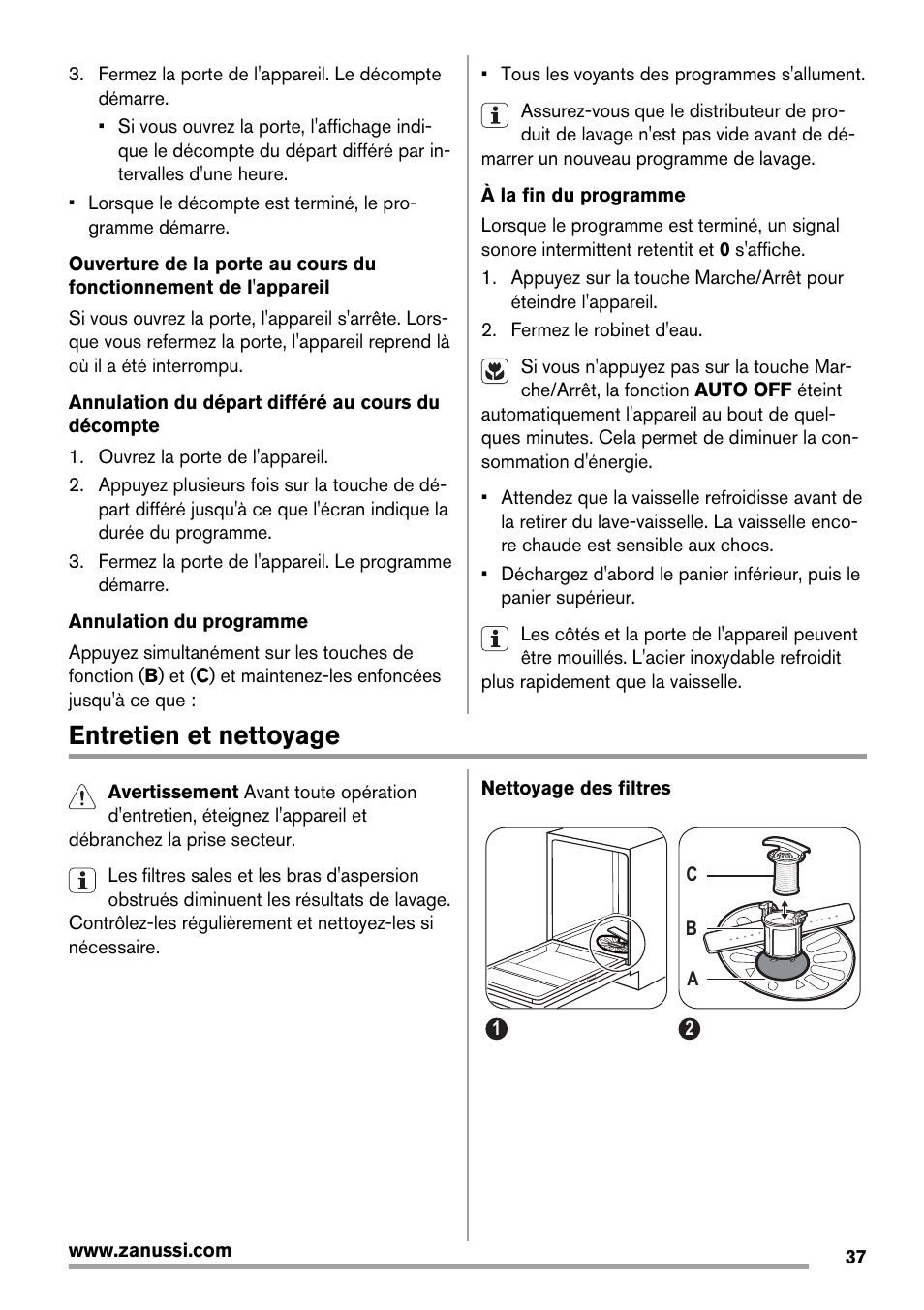 Entretien et nettoyage | Zanussi ZDT 16011 FA User Manual | Page 37 / 72