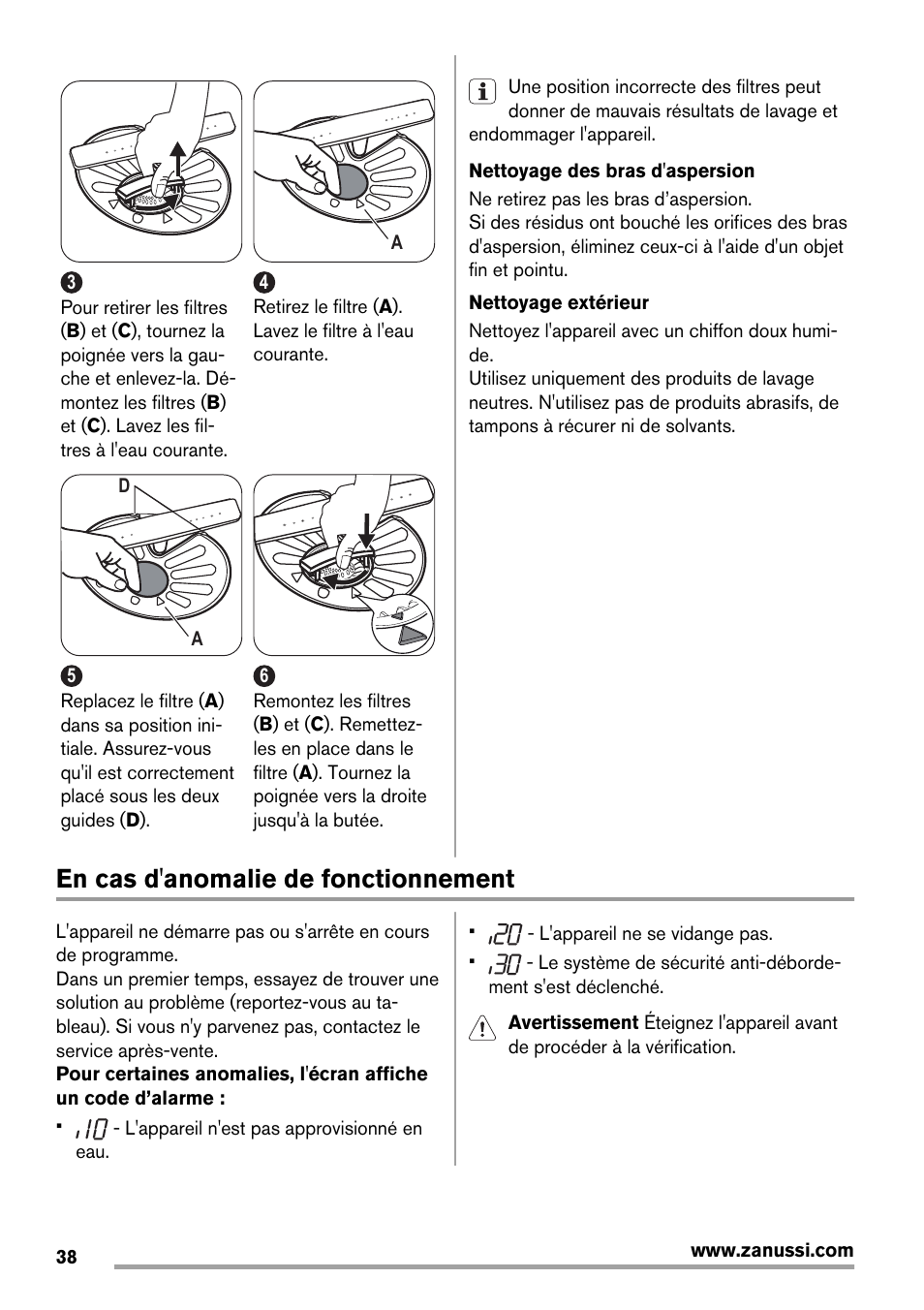 En cas d'anomalie de fonctionnement | Zanussi ZDT 16011 FA User Manual | Page 38 / 72