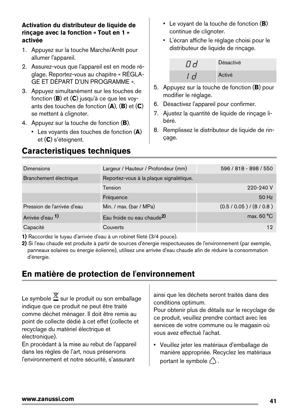 Caracteristiques techniques, En matière de protection de l'environnement | Zanussi ZDT 16011 FA User Manual | Page 41 / 72