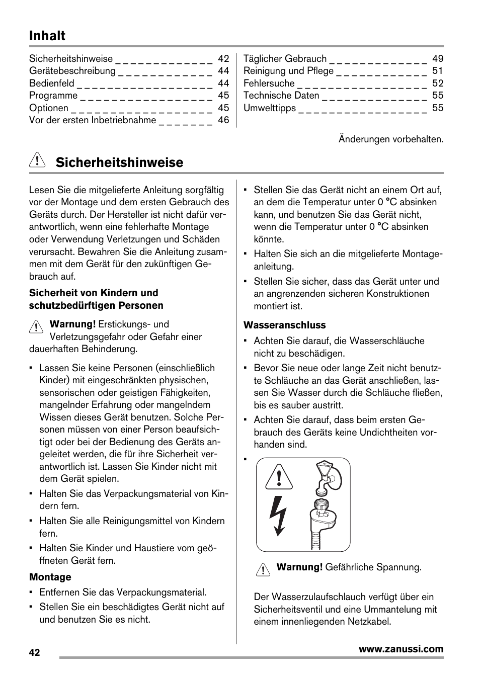 Inhalt, Sicherheitshinweise | Zanussi ZDT 16011 FA User Manual | Page 42 / 72