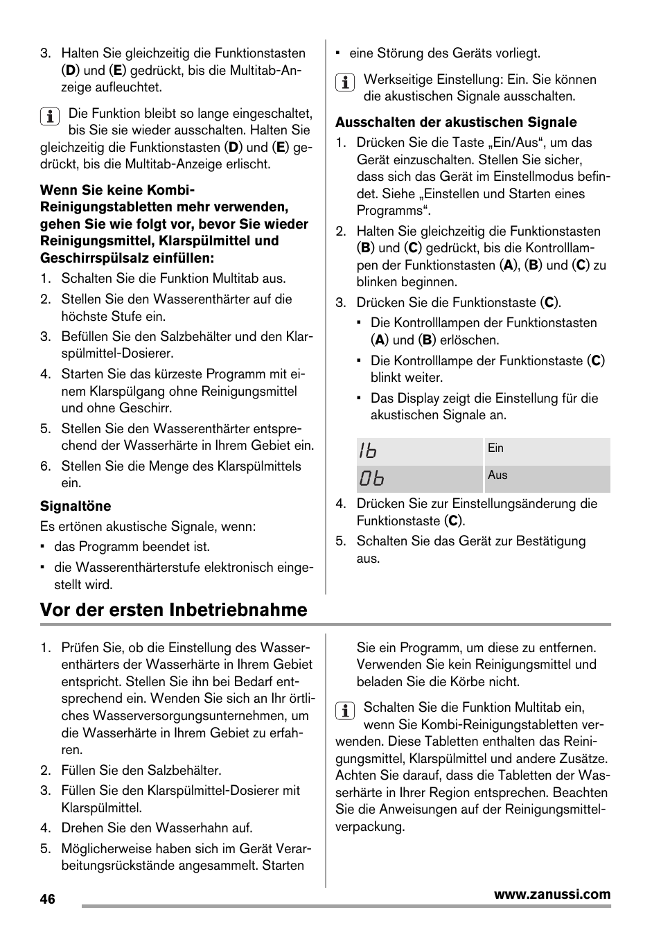 Vor der ersten inbetriebnahme | Zanussi ZDT 16011 FA User Manual | Page 46 / 72