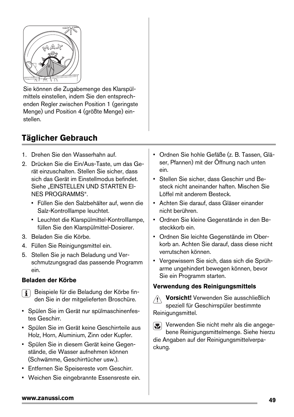 Täglicher gebrauch | Zanussi ZDT 16011 FA User Manual | Page 49 / 72