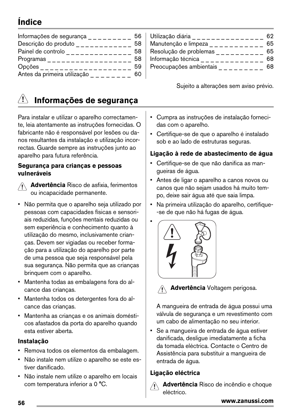 Índice, Informações de segurança | Zanussi ZDT 16011 FA User Manual | Page 56 / 72