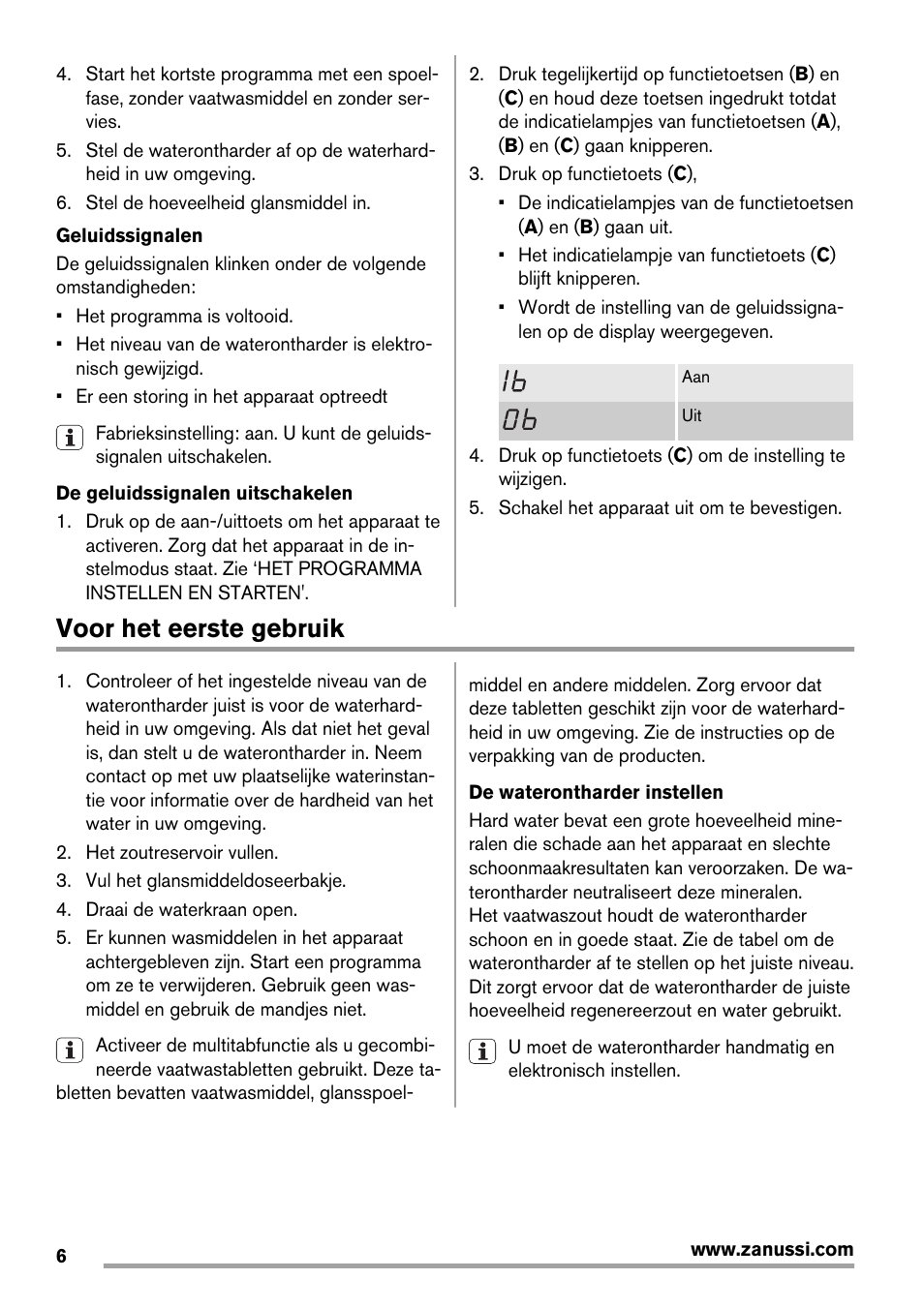 Voor het eerste gebruik | Zanussi ZDT 16011 FA User Manual | Page 6 / 72