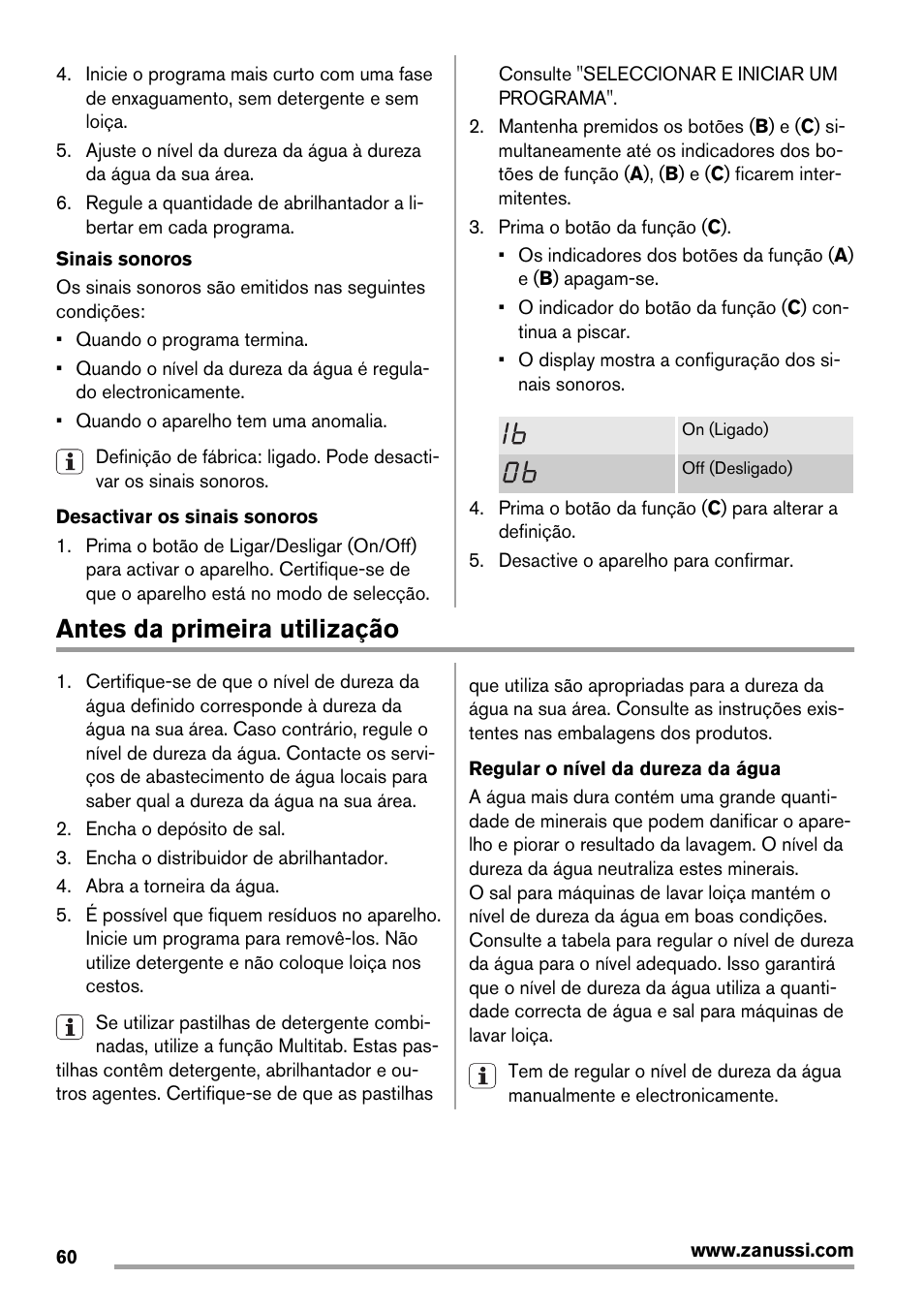 Antes da primeira utilização | Zanussi ZDT 16011 FA User Manual | Page 60 / 72