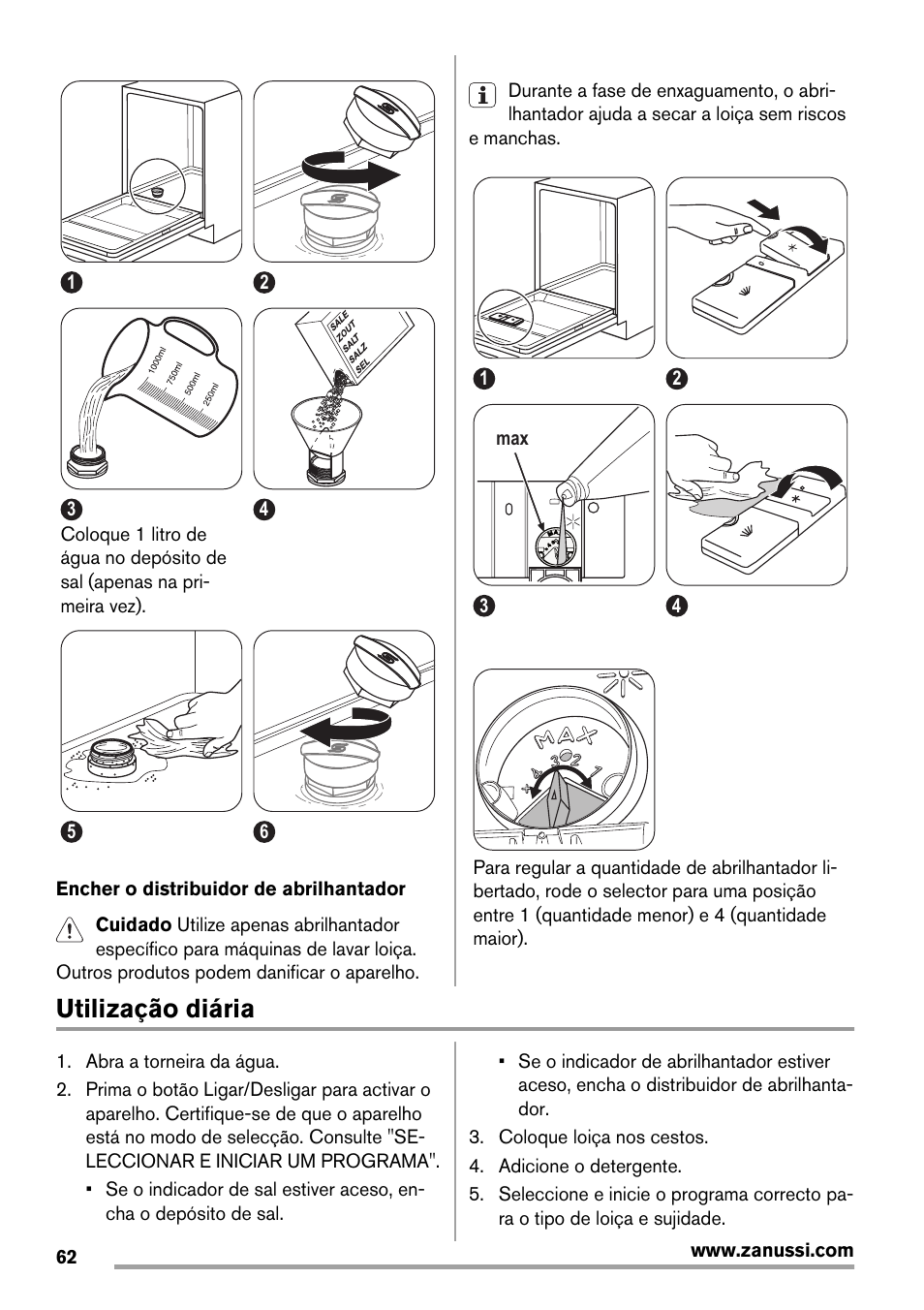 Utilização diária | Zanussi ZDT 16011 FA User Manual | Page 62 / 72