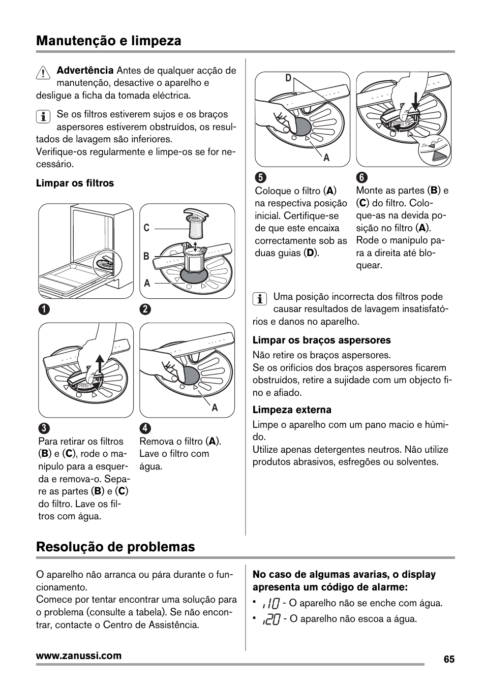 Manutenção e limpeza, Resolução de problemas | Zanussi ZDT 16011 FA User Manual | Page 65 / 72