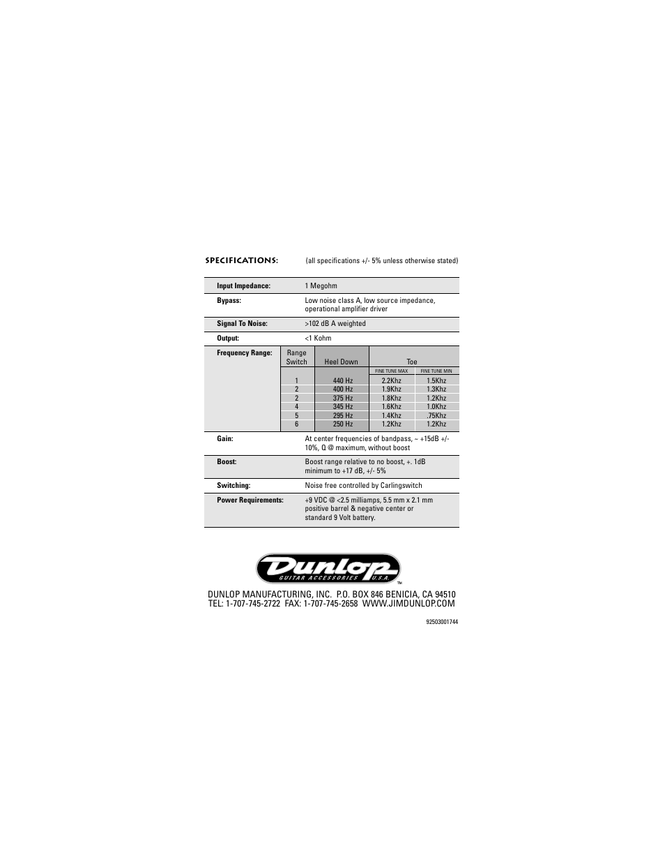 Dunlop Manufacturing DB01 User Manual | Page 9 / 9