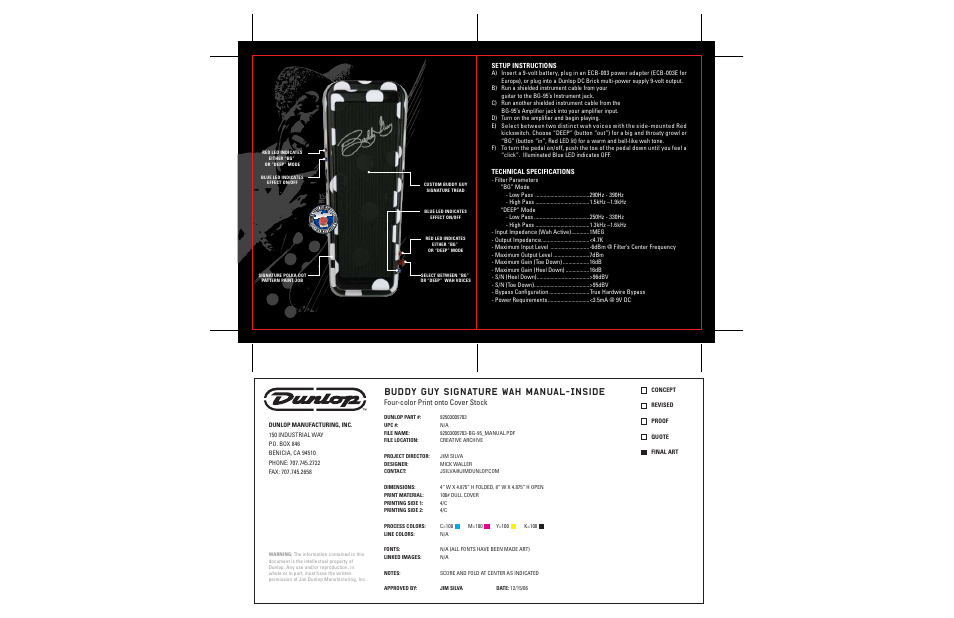 Buddy guy signature wah manual-inside, Four-color print onto cover stock | Dunlop Manufacturing BG95 User Manual | Page 2 / 2