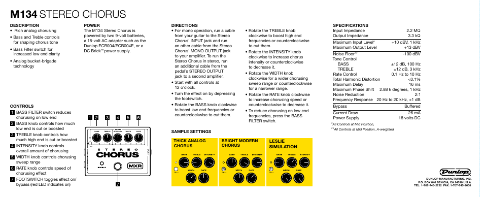 M134, Stereo chorus | Dunlop Manufacturing M134 User Manual | Page 2 / 2