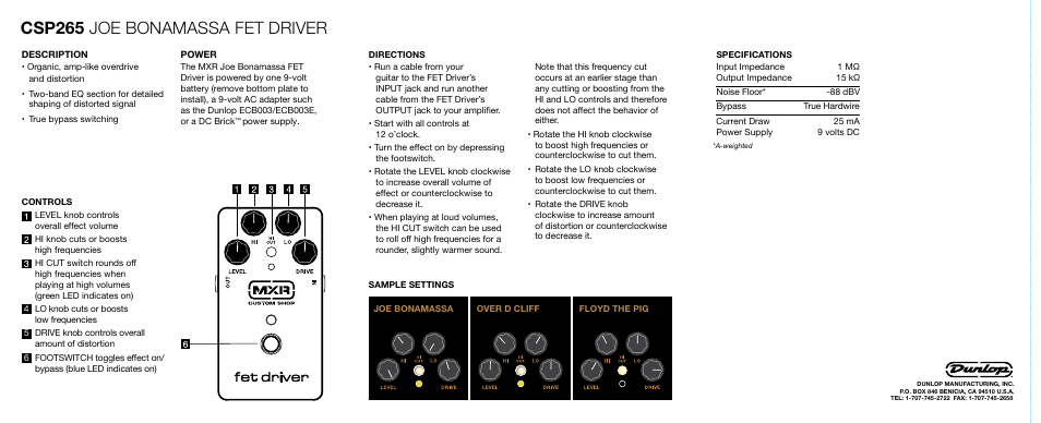 Csp265 joe bonamassa fet driver | Dunlop Manufacturing CSP265 User Manual | Page 2 / 2