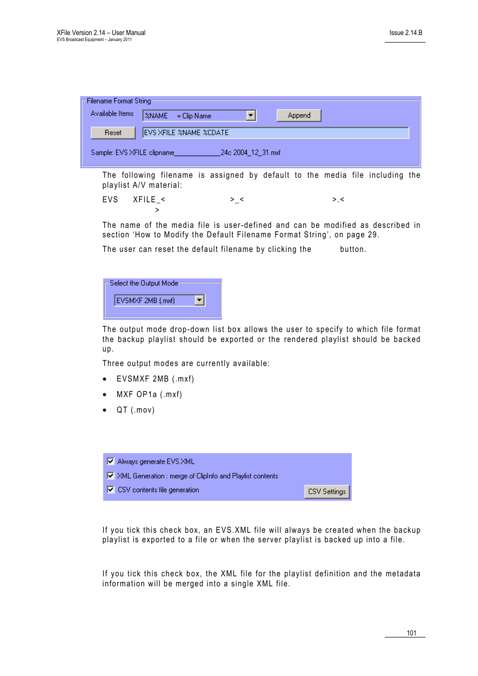 Media file settings, Filename format string, Output mode | Metadata file settings, Always generate evs.xml | EVS Xfile Version 2.14 - January 2011 User Manual User Manual | Page 110 / 190