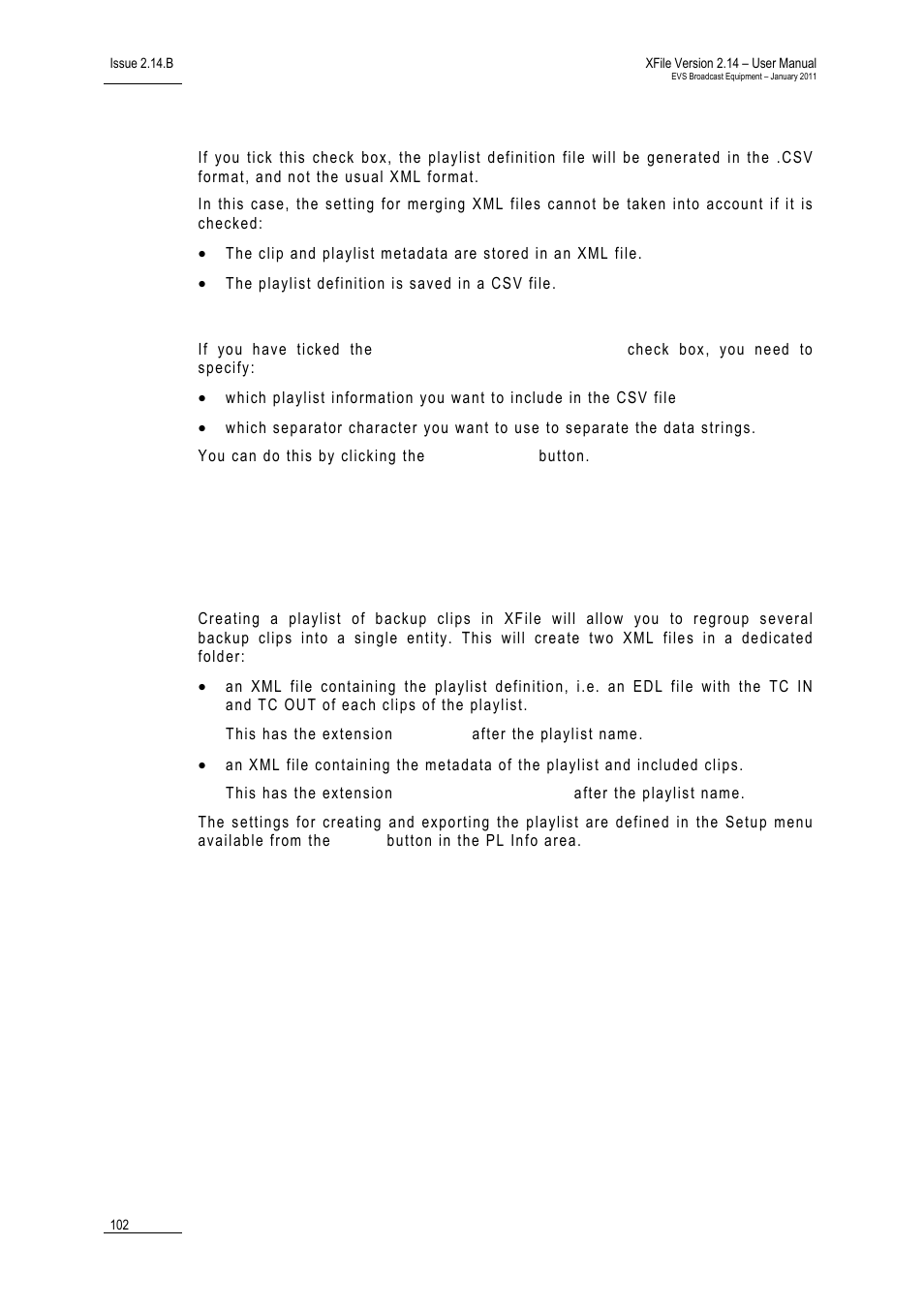 Csv contents file generation, Csv settings, Introduction | Reating and, Aintaining a, Ackup, Laylist in | EVS Xfile Version 2.14 - January 2011 User Manual User Manual | Page 111 / 190