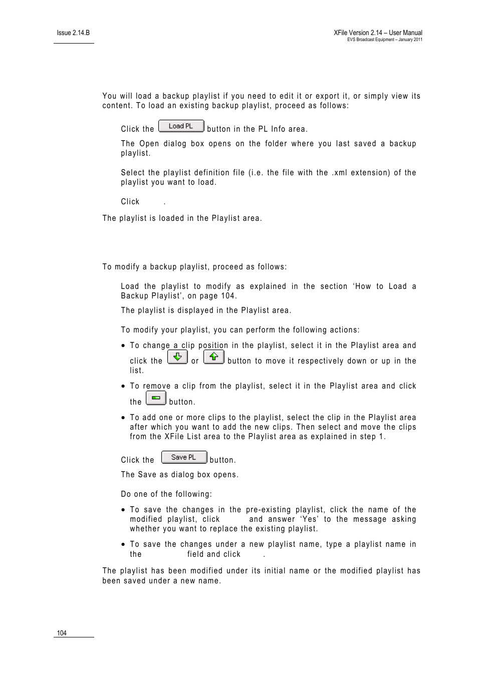 How to load a backup playlist, How to modify a backup playlist | EVS Xfile Version 2.14 - January 2011 User Manual User Manual | Page 113 / 190