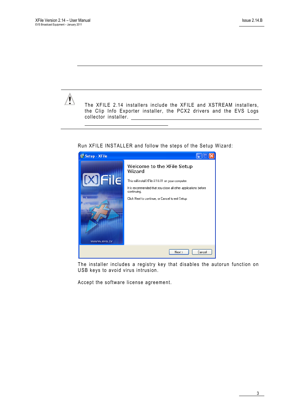 Software installation | EVS Xfile Version 2.14 - January 2011 User Manual User Manual | Page 12 / 190