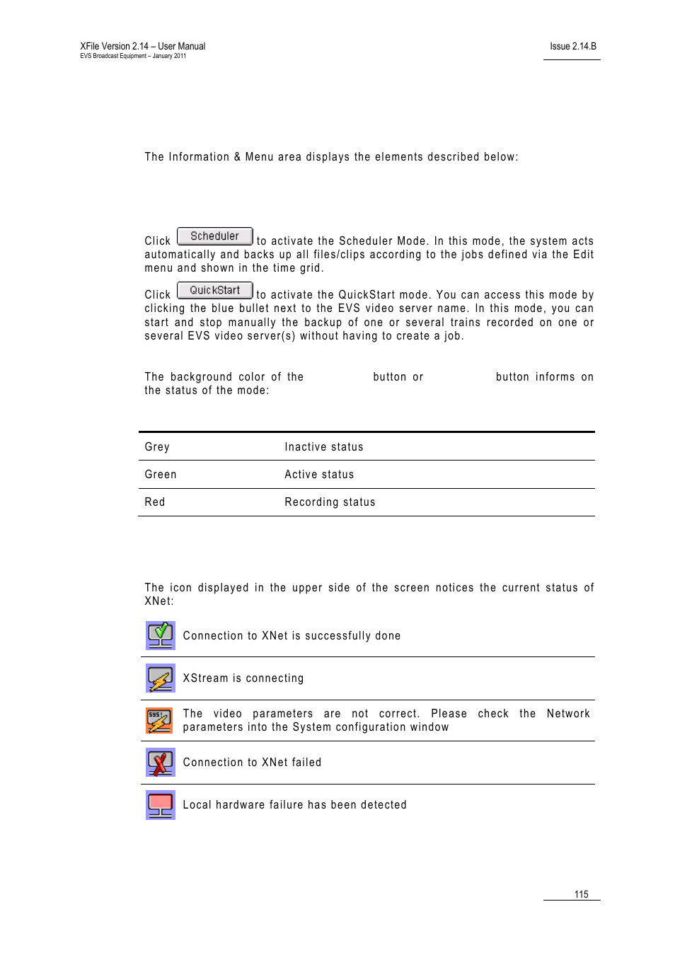 2 information & menu area, 1 scheduler and quickstart buttons, 2 network status | Information & menu area, Scheduler and quickstart buttons, Network status, Cheduler and, Uick, Tart, Uttons | EVS Xfile Version 2.14 - January 2011 User Manual User Manual | Page 124 / 190