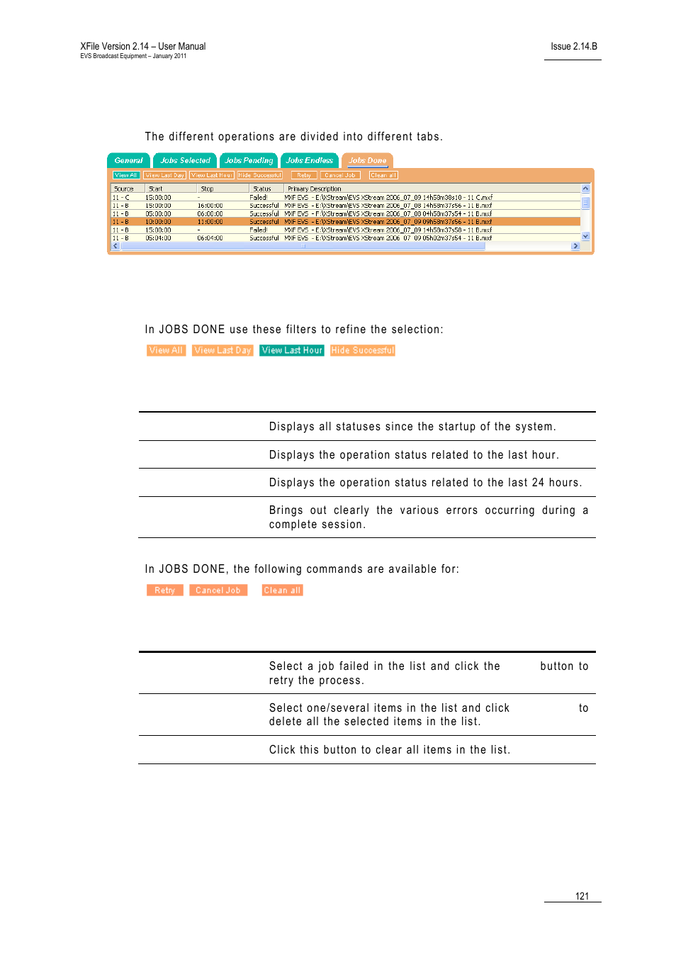 5 status area, 1 jobs done tab, Status area | Jobs done tab | EVS Xfile Version 2.14 - January 2011 User Manual User Manual | Page 130 / 190