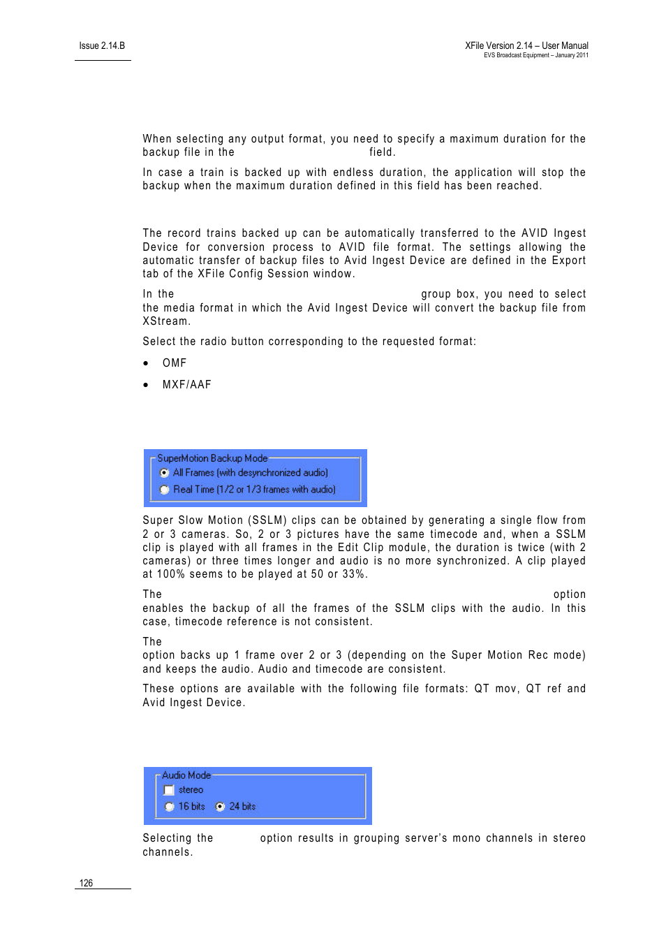 Options, Endless max duration, Default avid ingest device media format | Super motion backup mode, Audio mode | EVS Xfile Version 2.14 - January 2011 User Manual User Manual | Page 135 / 190