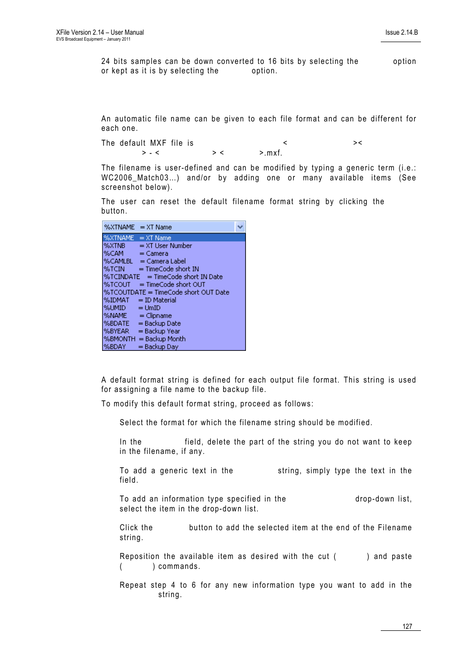 Format string, Ormat, Tring | EVS Xfile Version 2.14 - January 2011 User Manual User Manual | Page 136 / 190