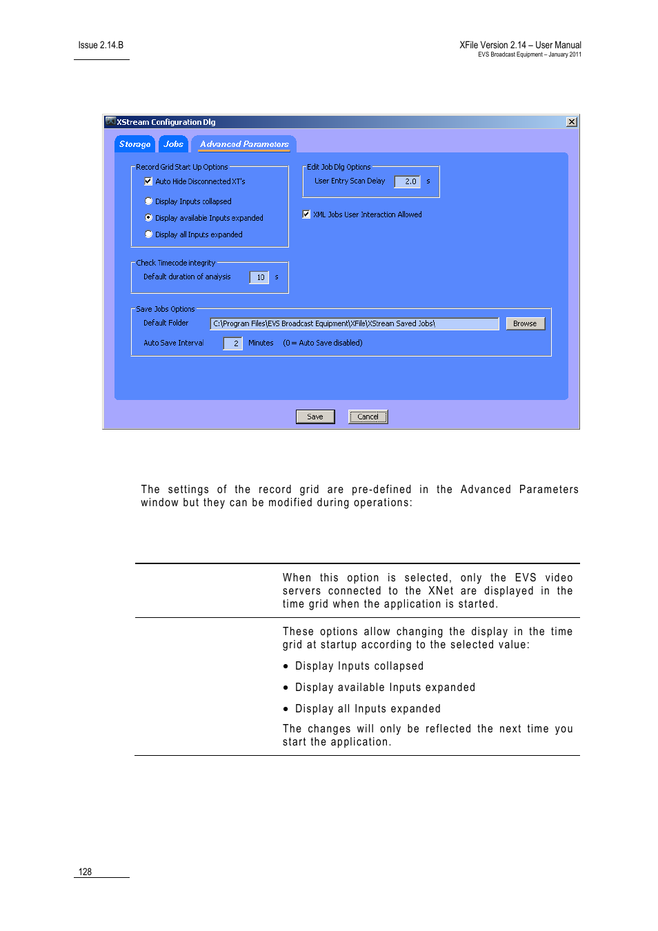 3 advanced parameters tab, Record grid start up options, Advanced parameters tab | Dvanced parameters | EVS Xfile Version 2.14 - January 2011 User Manual User Manual | Page 137 / 190