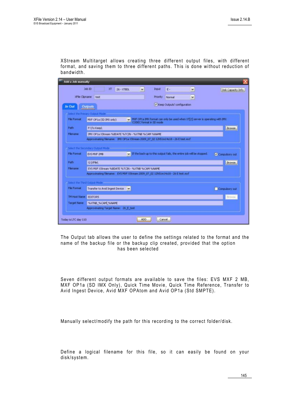 3 outputs tab, Output file format, Path | Filename, Outputs tab, Utputs | EVS Xfile Version 2.14 - January 2011 User Manual User Manual | Page 154 / 190