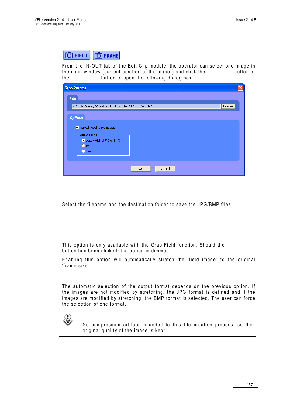 3 grab options, File area, Options area | Stretch field to frame size, Output format, Grab options, Ptions | EVS Xfile Version 2.14 - January 2011 User Manual User Manual | Page 166 / 190