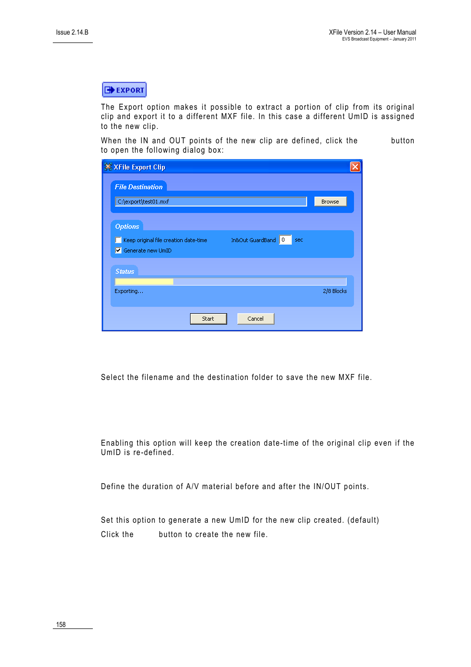 4 export option, File destination area, Options area | Keep original file creation date-time, Guardbands, Generate new umid, Export option, Xport, Ption | EVS Xfile Version 2.14 - January 2011 User Manual User Manual | Page 167 / 190
