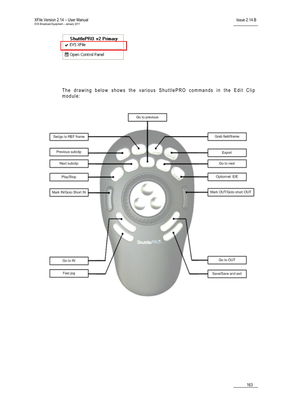 2 shuttlepro commands in the edit clip module, Shuttlepro commands in the edit clip module | EVS Xfile Version 2.14 - January 2011 User Manual User Manual | Page 172 / 190