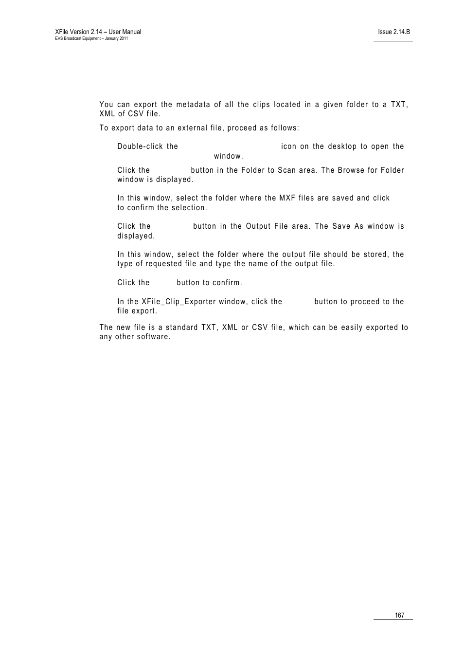 1 how to export data to an xml, txt or csv file, How to export data to an xml, txt or csv file, Xport | Ata to an | EVS Xfile Version 2.14 - January 2011 User Manual User Manual | Page 176 / 190
