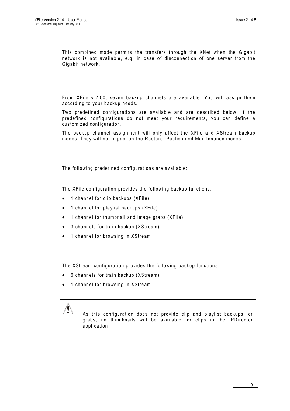 Combined mode gbe + xnet, 3 backup channel assignment, Predefined configurations | Xfile configuration, Xstream configuration, Backup channel assignment, Ackup, Hannel, Ssignment | EVS Xfile Version 2.14 - January 2011 User Manual User Manual | Page 18 / 190