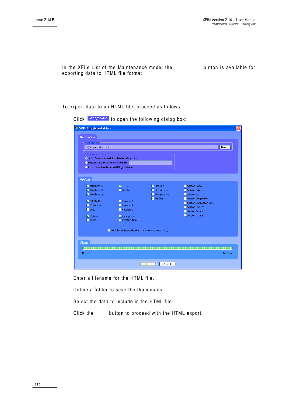 4 storyboard, 1 how to export data to html file (storyboard), Storyboard | How to export data to html file (storyboard), 4 ‘storyboard, Html, Ow to, Xport, Ata to, File | EVS Xfile Version 2.14 - January 2011 User Manual User Manual | Page 181 / 190