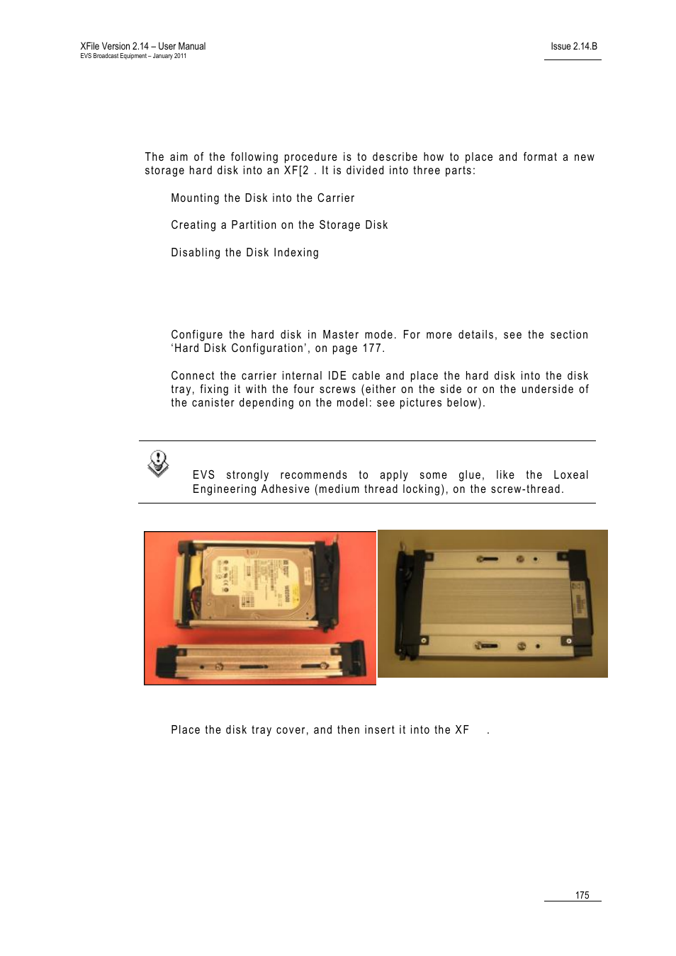 Mounting the disk into the carrier, Installing a new hard disk | EVS Xfile Version 2.14 - January 2011 User Manual User Manual | Page 184 / 190