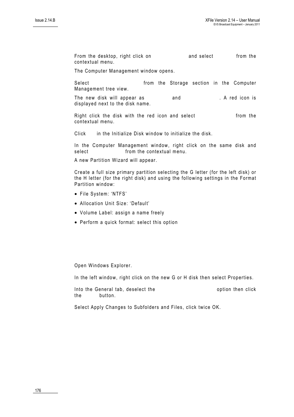 Creating a partition on the storage disk, Disabling the disk indexing | EVS Xfile Version 2.14 - January 2011 User Manual User Manual | Page 185 / 190