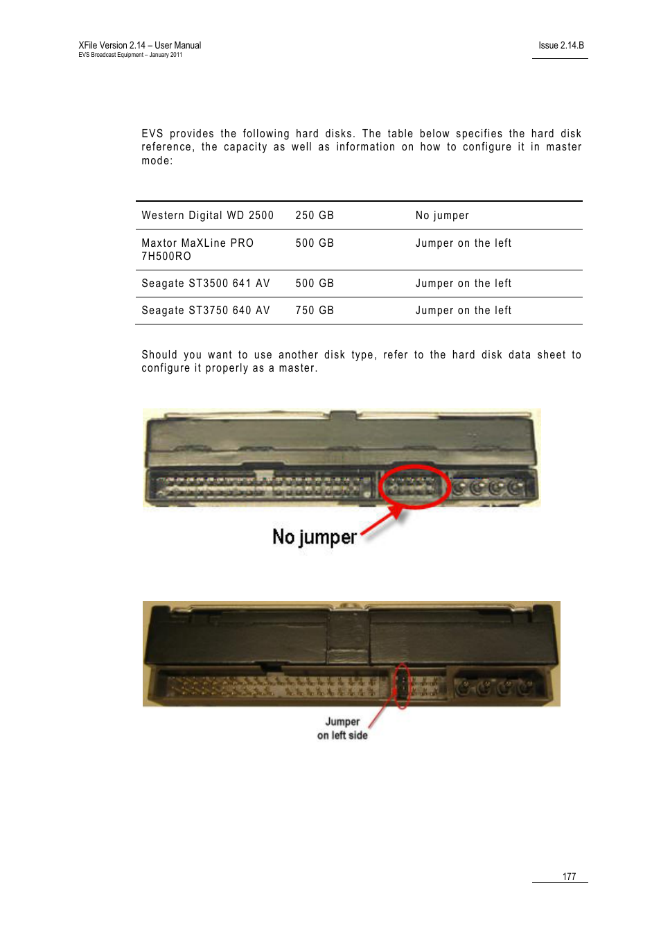 Western digital wd 2500 (250 gb), Maxtor and seagate hard disks, Hard disk configuration | EVS Xfile Version 2.14 - January 2011 User Manual User Manual | Page 186 / 190