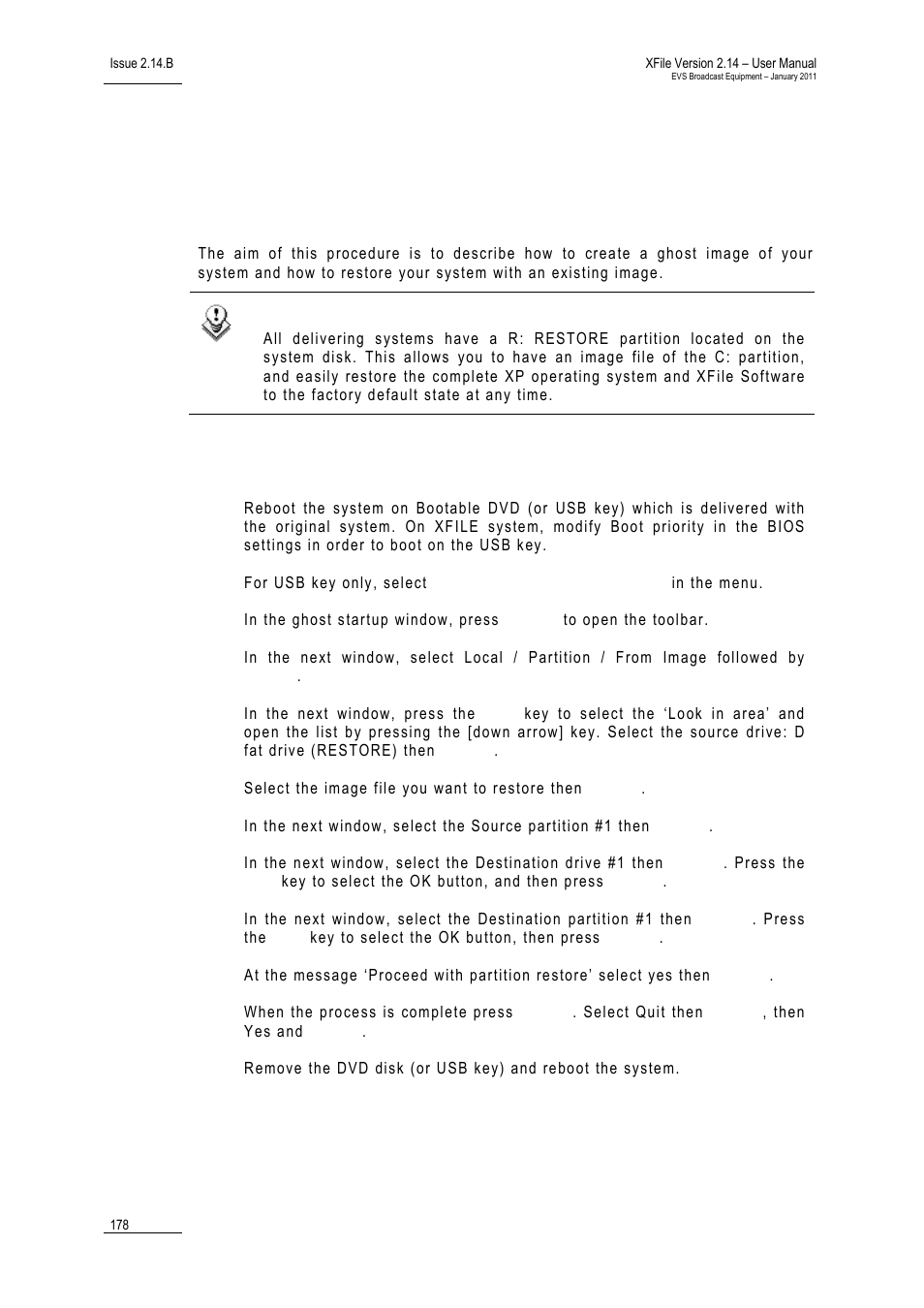 Creating and reinstalling a ghost of your system | EVS Xfile Version 2.14 - January 2011 User Manual User Manual | Page 187 / 190