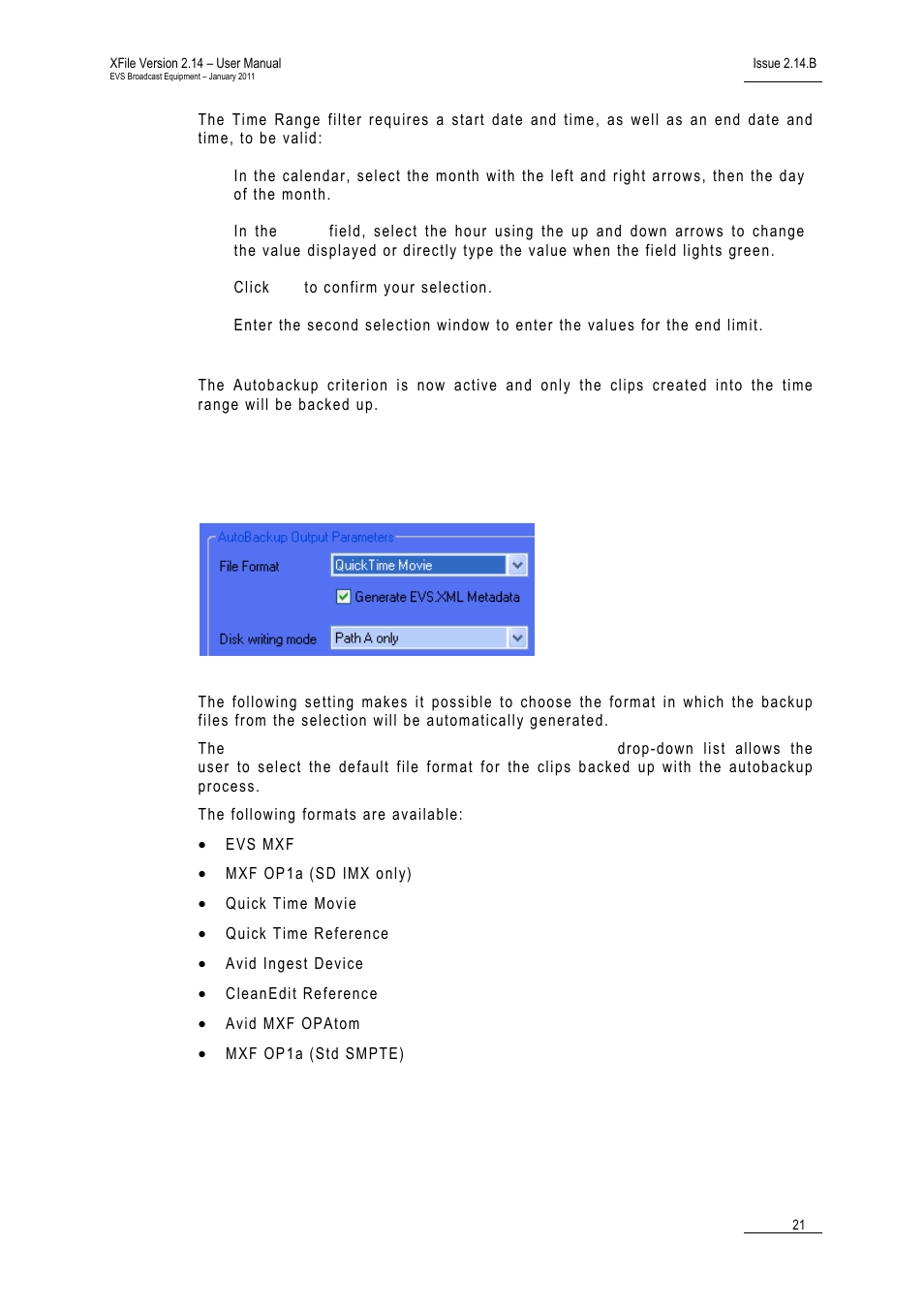 Output parameters, Output file format | EVS Xfile Version 2.14 - January 2011 User Manual User Manual | Page 30 / 190