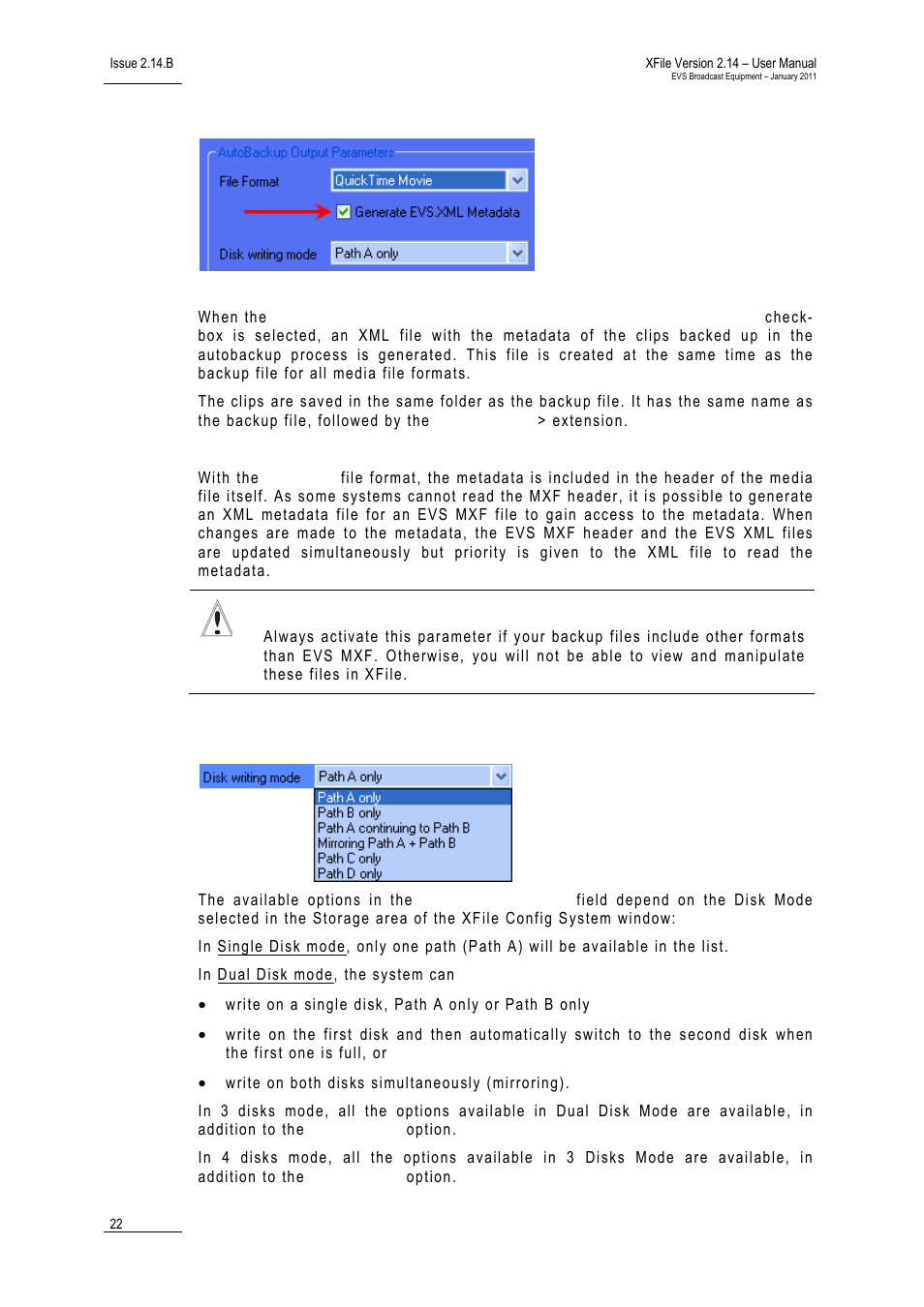 Generating an xml metadata file, Disk writing mode | EVS Xfile Version 2.14 - January 2011 User Manual User Manual | Page 31 / 190