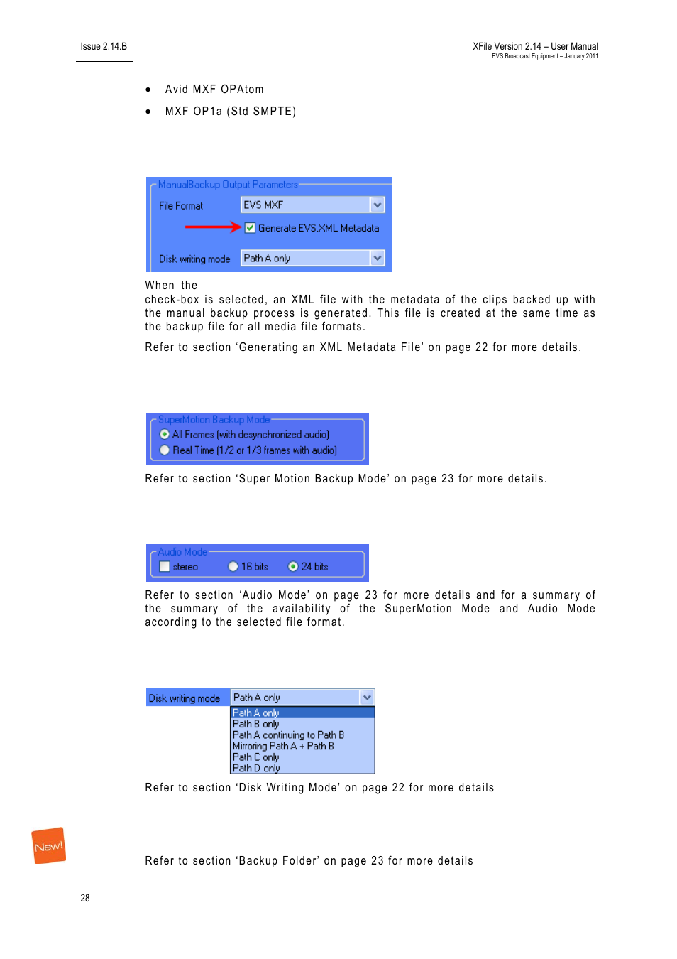 Generating an xml metadata file, Super motion backup mode, Audio mode | Disk writing mode, Backup folder | EVS Xfile Version 2.14 - January 2011 User Manual User Manual | Page 37 / 190