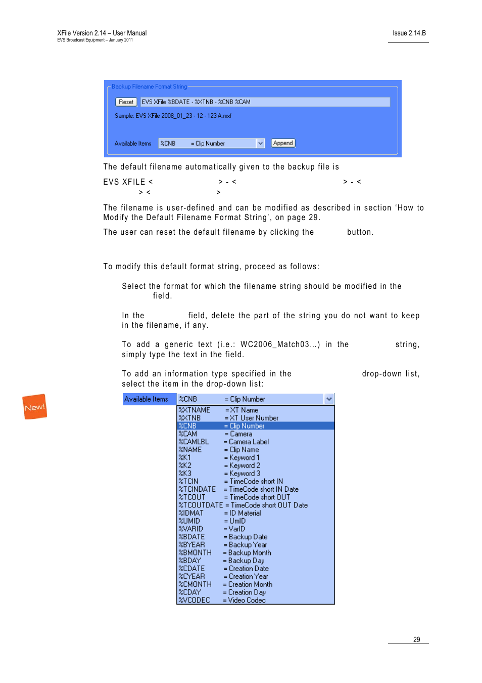 Backup filename format string, How to modify the default filename format string | EVS Xfile Version 2.14 - January 2011 User Manual User Manual | Page 38 / 190