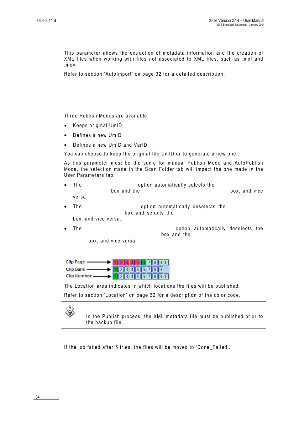 Autoimport, Parameters for publish, Publish mode | Location, Files move | EVS Xfile Version 2.14 - January 2011 User Manual User Manual | Page 43 / 190