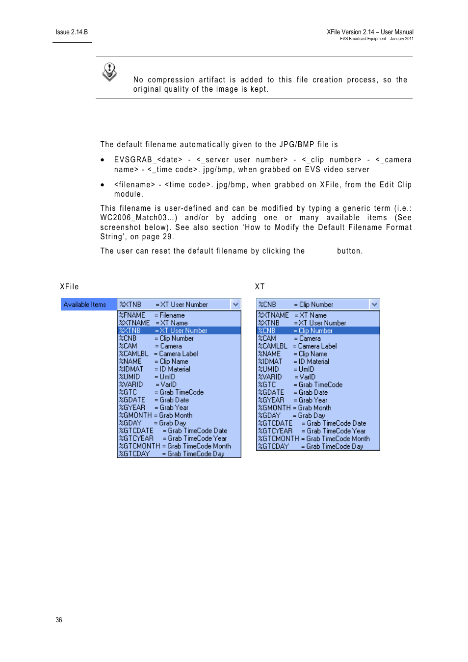 Grab xt/xfile filename format string, Available items | EVS Xfile Version 2.14 - January 2011 User Manual User Manual | Page 45 / 190